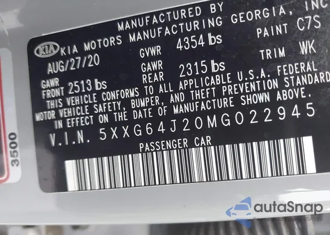 2021 Kia K5 Gt-Line z USA, uszkodzony, nr VIN 5XXG64J20MG022945